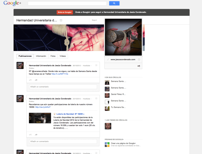 Página de GooglePlus de la Hermandad de Jesús Condenado de Cáceres